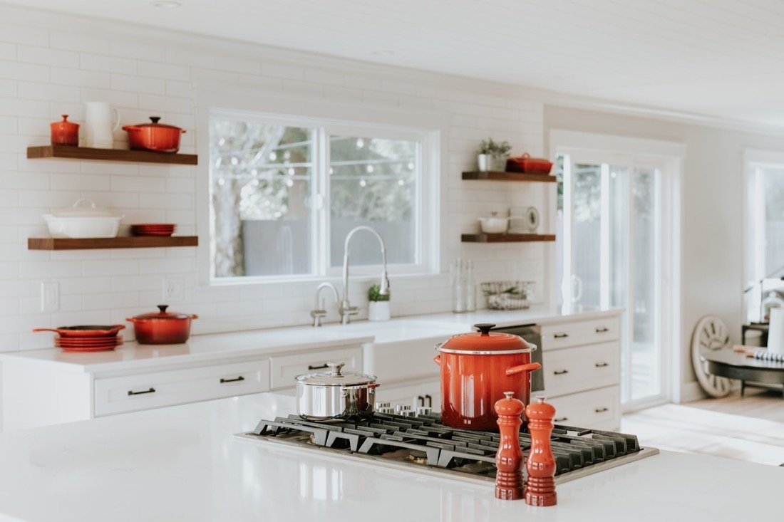 Built-in gas hob set into a kitchen island
